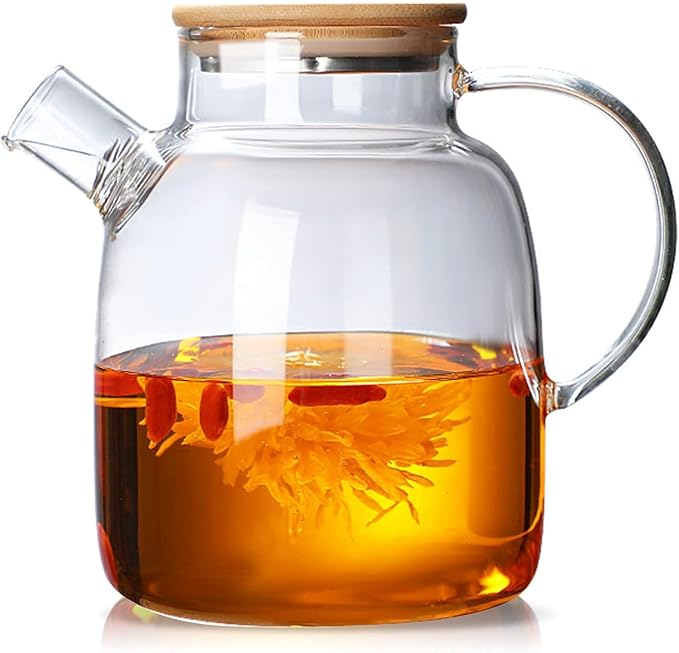 Glass Tea Pot Kettles Stovetop Safe, 60.8oz/1800mL Heatproof Borosilicate Glass Teapot Water Pitcher With Bamboo Lid and Removable Filter Spout for Loose Leaf and Blooming Tea - Bloomnest
