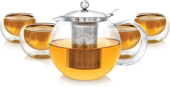Teabloom Stovetop Safe Glass Teapot with Removable Infuser (40oz/1200ml) and Four Double Walled Glass Cups (5oz/150ml) - Classica Tea Set - Bloomnest
