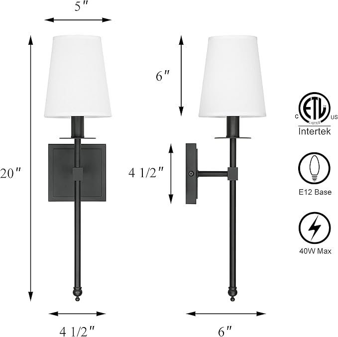 XiNBEi Lighting Black Wall Sconces Set of 2, Classic Sconces Wall Lighting with Flared White Fabric Shade 1 Light Wall Lamps for Bedroom Bedside Corridor & Living Room - Bloomnest