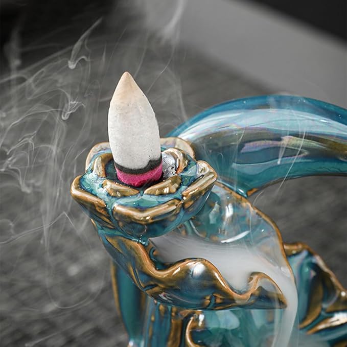 Ceramic Incense Holder Set, Creative Moon Waterfall Incense Holder Backflow Incense Burner with 20 Backflow Incense Cones +30 Incense Sticks+1 Tweezers+1 Mat Aromatherapy Decorations for Home (Blue)