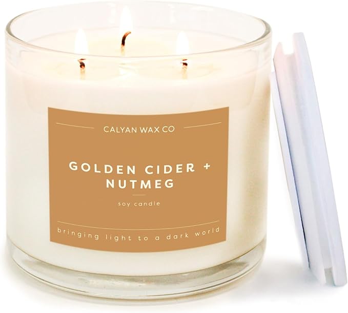 Calyan Wax Co. Golden Cider & Nutmeg 3 Wick Scented Candle - 43 Hour Burn - Luxury 3 Wick Soy Candles - Non Toxic Soy Wax Candles - Long Lasting Large Glass Jar Candle for Home - 14.9oz - Bloomnest