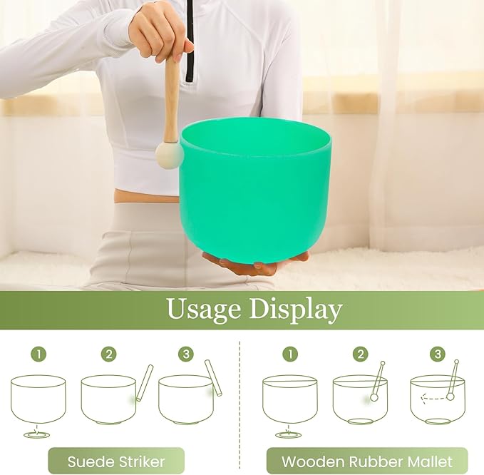 432HZ 9 Inchs Frosted Crystal Singing Bowl Set for Meditation Healing Yoga Chakra Quartz Crystal Sound Bowls with Heavy Duty Carry Case and Rubber Mallet,Suede Striker,O-rings - Bloomnest