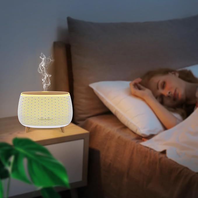 2-in-1 BT Speaker & Ultrasonic Essential Oil Diffuser,Aromatherapy Diffuser Cool Mist Humidifier with 7 Colors Lights for Large Room Home Office,400ml(White+Wooden Grain) - Bloomnest