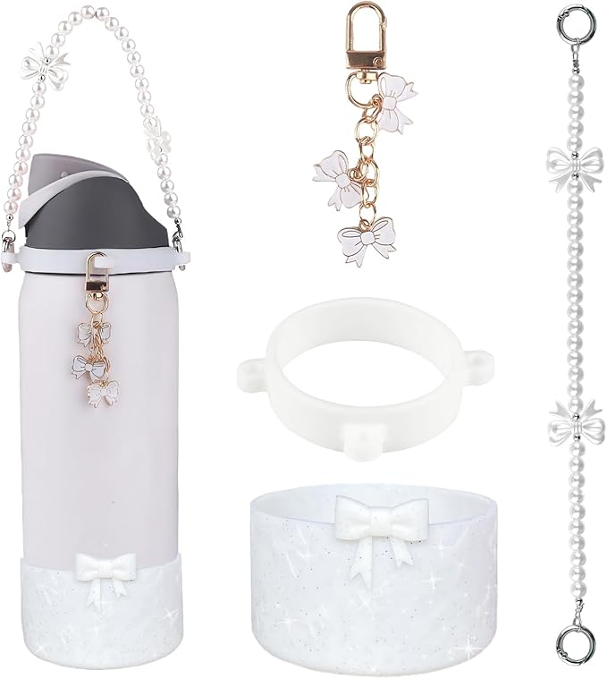 Water Bottle Accessories Set for Owala FreeSip 24oz、32 oz– Includes Pearl Handle Strap, Bow Charms,2.9in .3inch Silicone Bling Boot for Owala Accessories for Women Bloomnest
