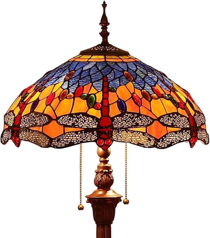 Bieye L10703 Dragonfly Tiffany Style Stained Glass Floor Lamp with 16 Inch Wide Complex Design Lampshade and Metal Base, Orange Blue, 65 Inch Tall