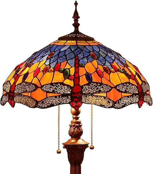 Bieye L10703 Dragonfly Tiffany Style Stained Glass Floor Lamp with 16 Inch Wide Complex Design Lampshade and Metal Base, Orange Blue, 65 Inch Tall