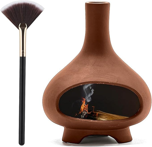 Palo Santo Holder Handmade Ceramics Incense Burner Chimney Dish Smudge Bowl for Palo Santo Sticks Sage Bundles with Brush(Brown) (Combustion Furnace) XINXINGDINGSHENG