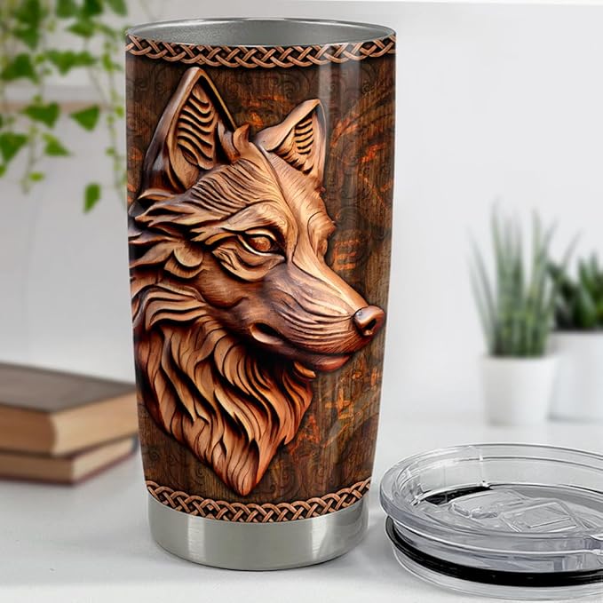 SANDJEST Wolf Tumbler 20oz Wolf Wood Drawing Stainless Steel Insulated Tumblers Coffee Travel Mug Cup Wolf Gift for Men Boys Gifts for Birthday Christmas - Bloomnest