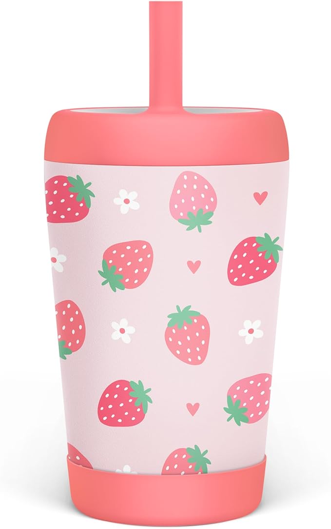 Kid Insulated Stainless Steel Tumbler with Silicone Straw, 12oz Sippy Cup for Kids (Strawberry) - Bloomnest
