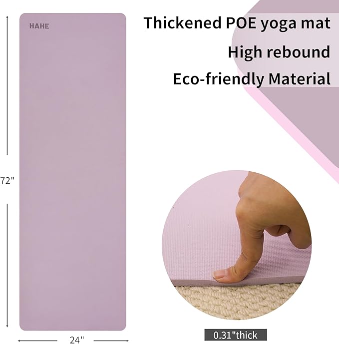 HAHE Yoga Mat Thick (8MM,1/3"), Eco-Friendly POE Non Slip Yoga Mat, High Rebound & Shock Absorption, Anti-Tear & Sweat-Resistant for Yoga, Fitness, Home, Workouts, Large Pilates Mats 72"x24" with Carrying Strap - Bloomnest