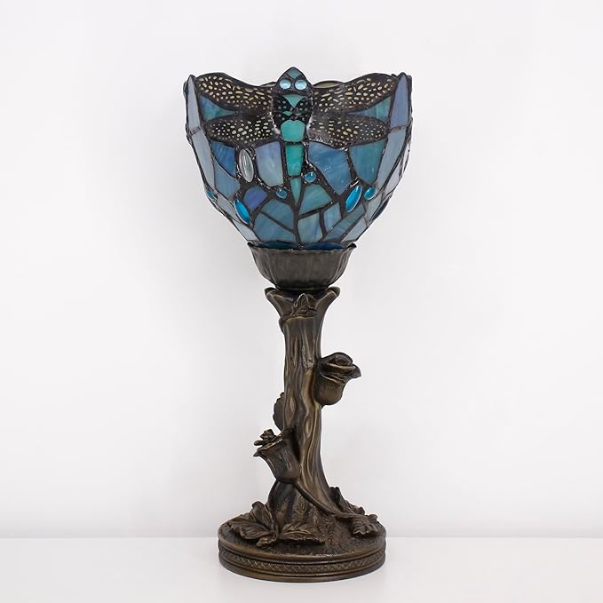 Small Tiffany Lamp Mini Stained Glass Table Lamp Blue Dragonfly Accent Desk Uplight W6 H13.5 Inch Bronze Resin Base - Bloomnest