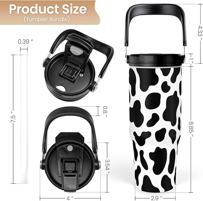 SANDJEST Cow Print Tumbler with Handle, 30oz Flip Straw Stainless Steel Tumblers Coffee Travel Cup, Cowgirl Tumbler Gifts for Women Girls for Birthday Christmas Mothers Day - Bloomnest