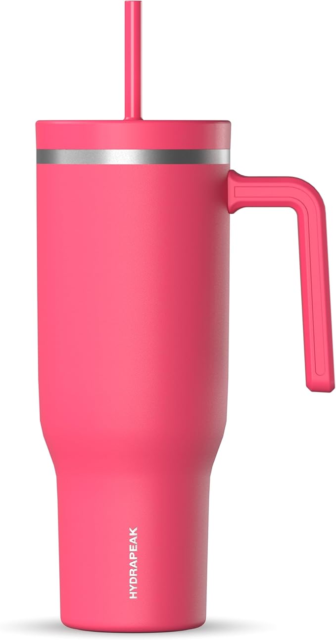 Hydrapeak Voyager 40 Oz Stainless Steel Tumbler with Handle, Insulated Water Bottle With Straw & Lid, Cupholder Friendly Reusable Travel Mug (Hot Pink) - Bloomnest