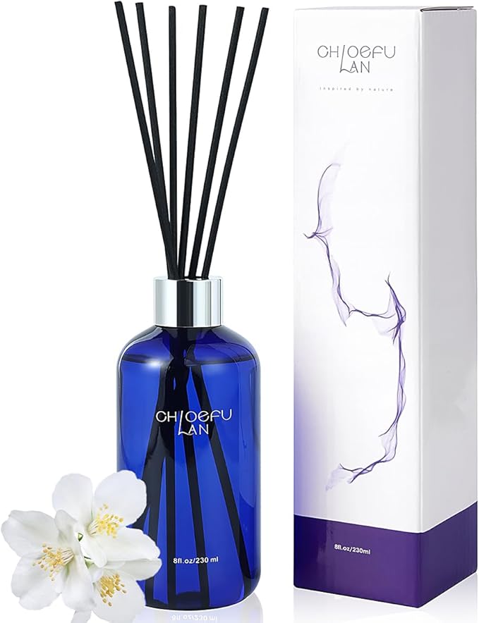 Chloefu Lan Jasmine Reéd Diffuser,8.1 oz Natural Essential Scented Oil with Diffuser Sticks,Blue Jar, Home & Office Decor Aromatherapy Diffuser Oil Gift Set - Bloomnest