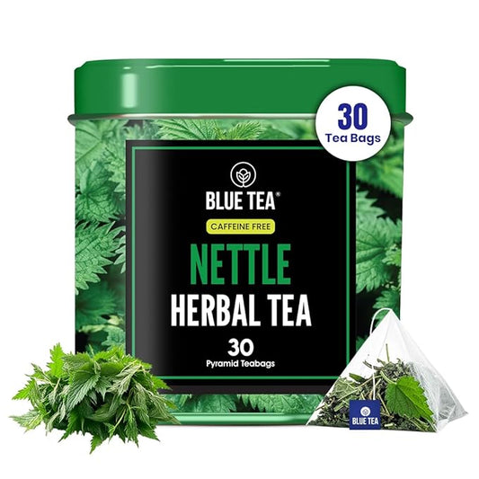 BLUE TEA - Nettle Tea - 30 Count - Plant Based Pyramid Tea Bag | Supports Joint Health & Overall Wellness | Herbal Tea - Caffeine Free - Calming Tea - Vegan - Non-Bitter | Leaf Based | Tin Pack - Bloomnest