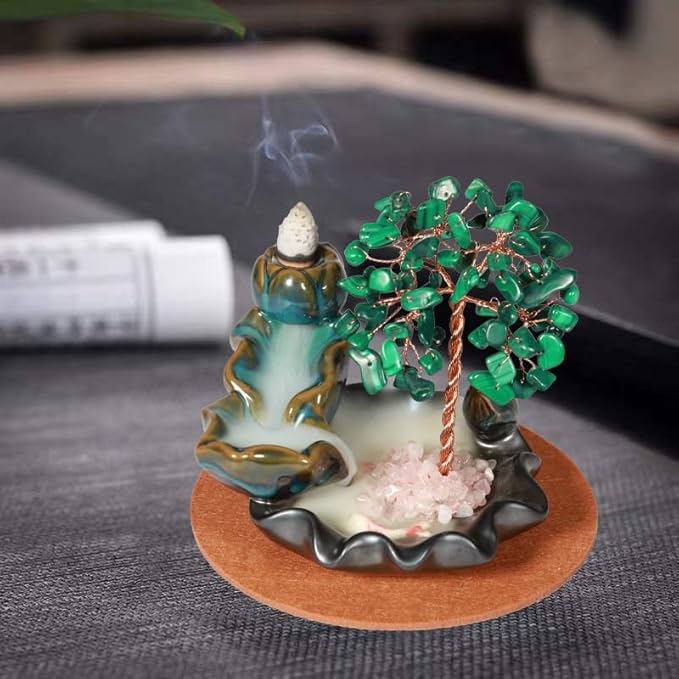 Malachite Waterfall Incense Burner, Money Tree Backflow Incense Holder Healing Crystal Stone, with 30 Backflow Incense Cones + 30 Incense Stick for Yoga Meditation Home Zen Decoration - Bloomnest