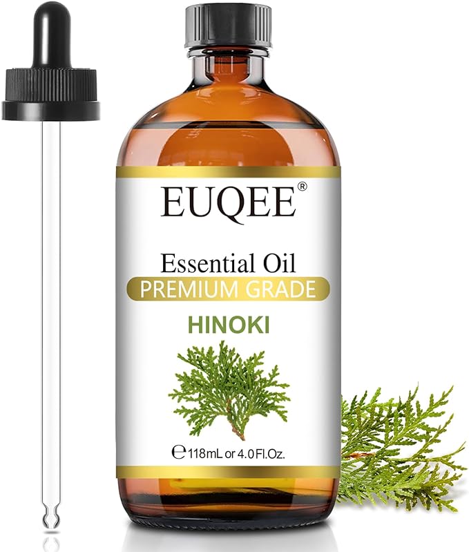 EUQEE Hinoki Essential Oil 118ml/4Fl Oz Pure Japanese Cypress Wood Oil Premium Natural Wood Scent Aromatherapy Oil with Glass Dropper for Meditation, Skincare, Diffuser, DIY Soap, Home Spa EUQEE
