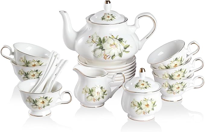 Sweejar Porcelain Tea Sets, Vintage British Floral Relief Gold Rimmed Teapot Cup and Saucer Set, Tea Set Service for 6, with Teapot, Sugar Bowl, Milk Jug, Spoons, Tea Cup and Saucer (Camellia) - Bloomnest