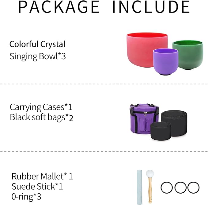 8-12 inch Set of 3 Crystal Singing Bowls 8"B 10"F 12"C Red Green Purple Color Frosted Root Heart Crown Chakra Sound Healing Bowl with 1 Travel Carry Case 1 Mallet Suede 1 Striker 3 O-rings - Bloomnest