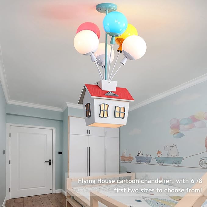 Kids House Shape Ceiling Light Colorful Balloon Wood Chandelier Cartoon House Shape with Acrylic lampshade Sputnik Ceiling Light for Girls Boys Kid's Bedroom (D16.5*H22.8IN (6 Light)) - Bloomnest