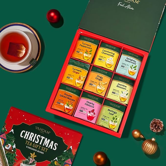 VAHDAM, Limited Edition Christmas Tea Gift Set | 45 Tea Bags, 9 Flavors - Holiday Gift Box | Christmas Presents For Women, Men & Adults, Christmas Gift Set - Bloomnest