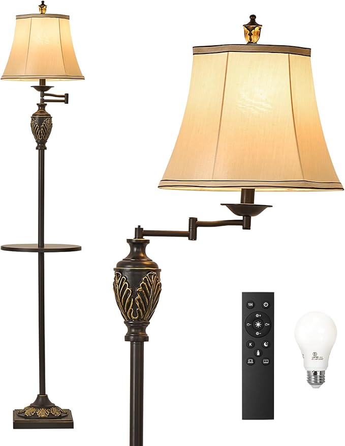 Traditional LED Floor Lamp with 350° Adjustable Swing Arm Lamp – Vintage Standing Pole lamp for Living Room, Bedroom and Office – Rustic Upright Floor Light for Home Décor with Silk Fabric Shade - Bloomnest