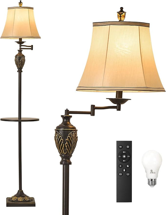 Traditional LED Floor Lamp with 350° Adjustable Swing Arm Lamp – Vintage Standing Pole lamp for Living Room, Bedroom and Office – Rustic Upright Floor Light for Home Décor with Silk Fabric Shade - Bloomnest