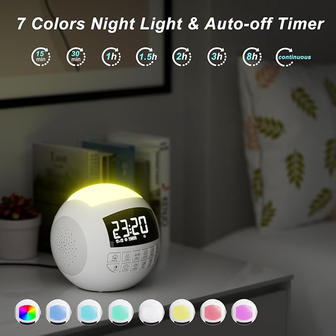 42 Sound White Noise Machine for Kids Adult Baby Sleeping + Bluetooth + Nightlight, Lullaby/Nature Soothing Sounds, 2 Alarm Clock for Bedroom Home, Adjustable Volume, 15-480 Timer, USB & AC Powered… - Bloomnest