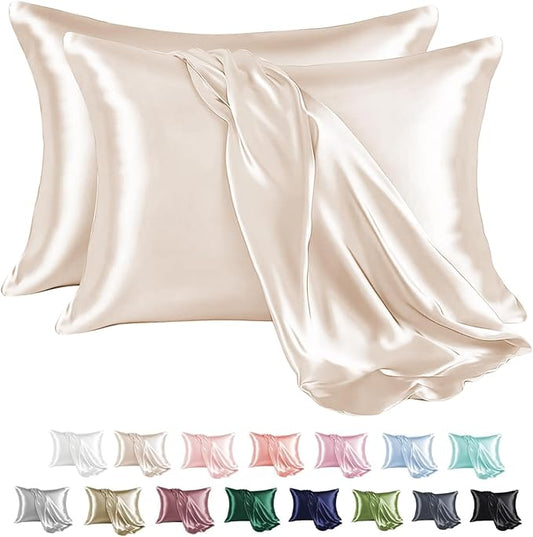 MR&HM Satin Pillowcase for Hair and Skin, Silk Satin Pillowcase 2 Pack, Standard Size Pillow Cases Set of 2, Silky Pillow Cover with Envelope Closure (20x26, Beige) - Bloomnest