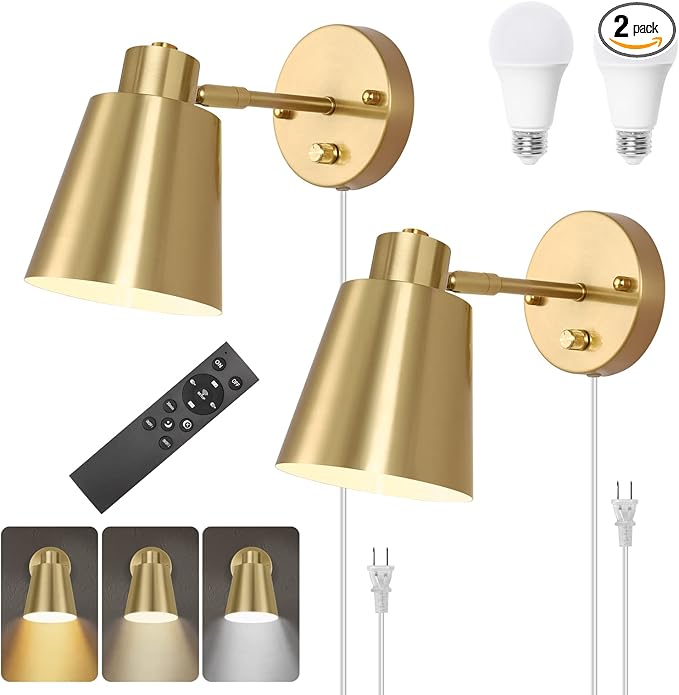 Plug in Wall Sconces with Remote Control, Adjustable Color Temperature 2700K-6000K and Dimmable Wall Sconces Gold Wall Lights with Plug in Cord for Bedroom Bedside Stairway(2 Pack, 2 Bulbs) - Bloomnest