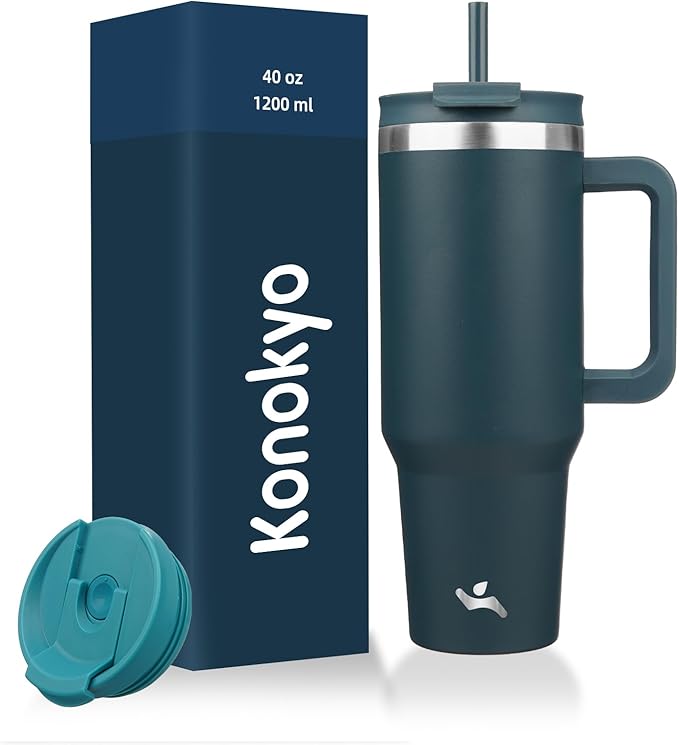 40 oz Tumbler with Handle and 2 Straws,2 in 1 Lid Insulated Water Bottle Stainless Steel Travel Coffee Mug,Navy blue - Bloomnest