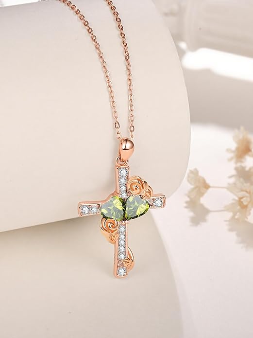 Rose Gold Dual Birthstones Cross Necklace for Women Rose Flower Jewelry Anniversary Christmas Mother's Valentine's Day Birthday Gift for Wife Girlfriend Mom - Bloomnest