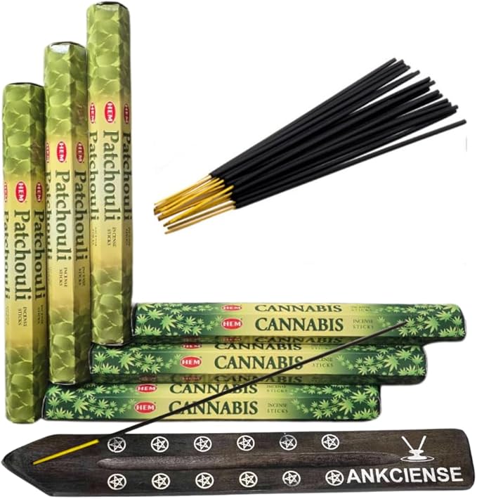 Sandalwood & Vanilla Incense from Hem Bundled with ANKCIENSE Incense Holder Bundle, Variety Pack of 120 Sticks (Patchouli & Cannabis) ANKCIENSE