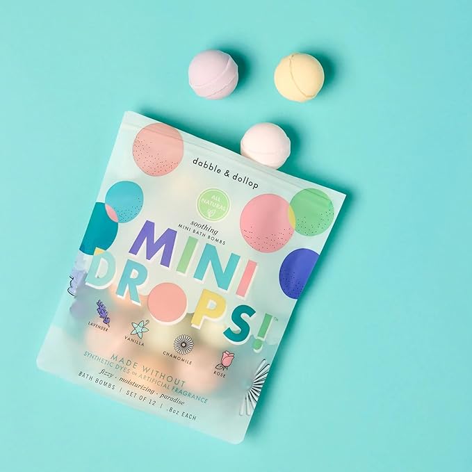 Dabble & Dollop Mini Bath Bombs, 100% Natural Droplets for Kids, Soothing Scents - Resealable Pouches, Fizzy, Moisturizing & Fun, Vegan, Gluten-Free, Cruelty-Free (Set of 24) - Bloomnest