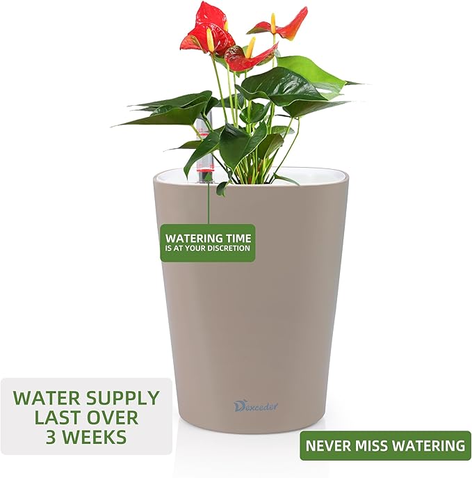 Dexceder 6x7 Self Watering Planter Indoor Outdoor, High Gloss Table Flower Plant Pot with Water Level Indicator (Taupe) - Bloomnest