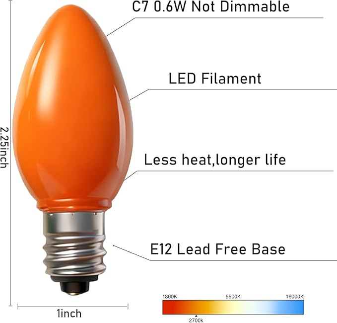 25 Pack C7 Christmas Light Replacement Bulbs,Ceramic C7 Orange LED Light Bulbs for Christmas String Light, Outdoor String Lights, C7/E12 Candelabra Base, 0.6 Watt - Bloomnest