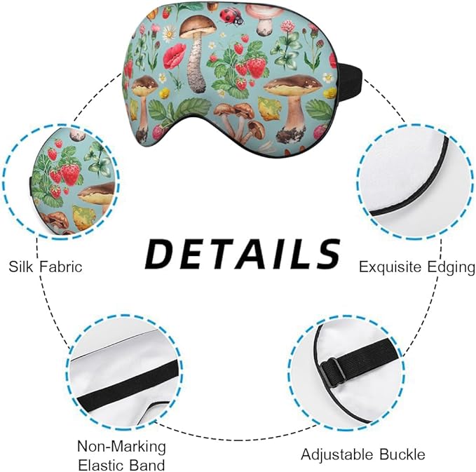 Mushrooms Silk Eye Mask Sleep Mask Summer Flowers Strawberry Butterfly Berries Eye Mask with Adjustable Strap Lightweight for Women Work Travel Night Sleep - Bloomnest