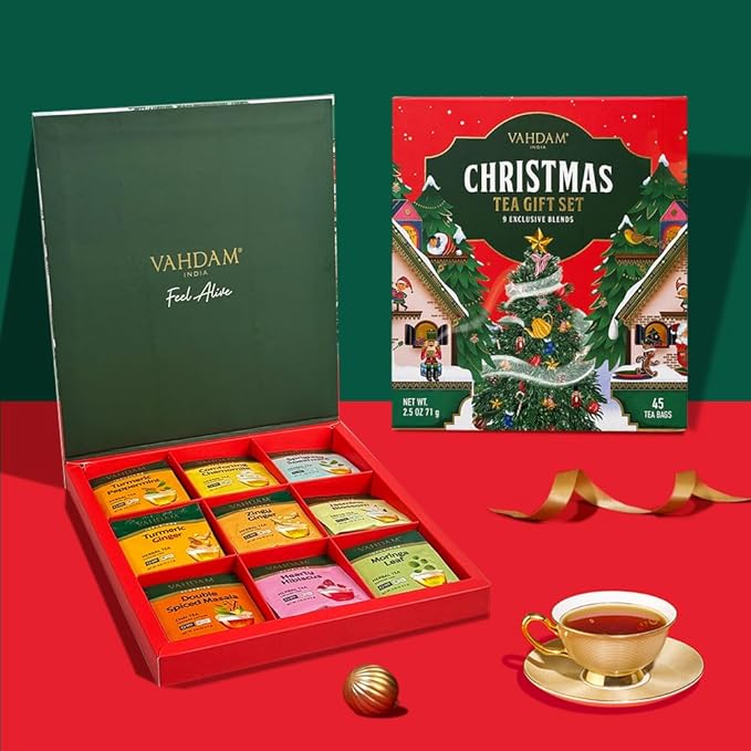 VAHDAM, Limited Edition Christmas Tea Gift Set | 45 Tea Bags, 9 Flavors - Holiday Gift Box | Christmas Presents For Women, Men & Adults, Christmas Gift Set - Bloomnest