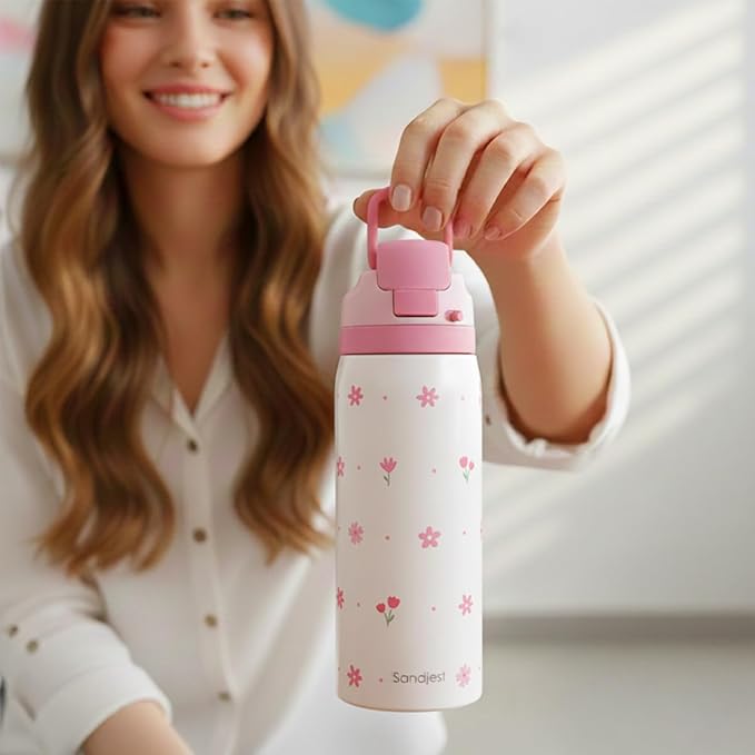 Floral Insulated Stainless Steel Water Bottle with Straw for Sports and Travel, 32oz, Gifts for Women Girls Friends Teens Birthday Christmas (Pink) - Bloomnest