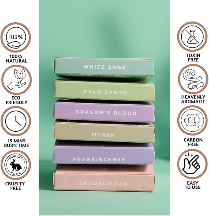 Folkulture Incense Cones Scented | Set of 6 (60 Cones) Pack for Relaxation | Palo Santo, Frankincense, White Sage, Sandalwood Inscents for Gifts for Her | Incense Cone Variety Pack