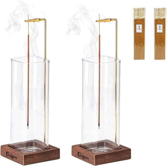 Ceremony Incense Holder，2 Pack Wood Incense Holder for Sticks with Glass Ash Catcher，Incense Burner for Meditation Yoga Spa Room Decor - Bloomnest