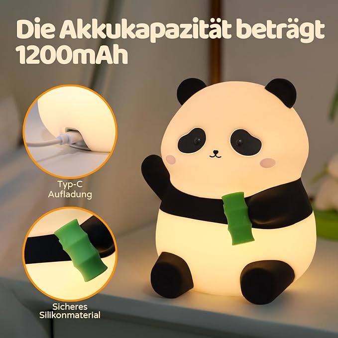 Cute Panda Silicone Night Light, LED Squishy Lamp with 12H/50H Long Battery Life, 2 Levels Brightness by Tap Control, Rechargeable Soft Light for, Kids Bedroom Decor & Gifts for Boys Girls - Bloomnest