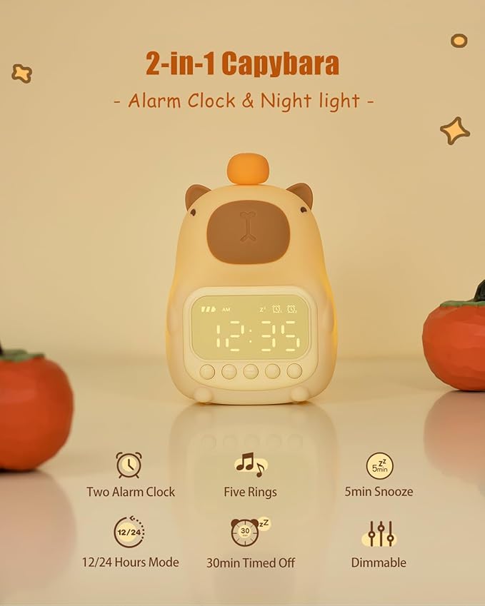 Capybara Alarm Clock with Night Light for Kids, Cute Toddler Alarm Clocks for Bedrooms Ok to Wake Clocks for Girls and Boys, Rechargeable Silicone Animal Tabletop Lamp for Kid - Bloomnest