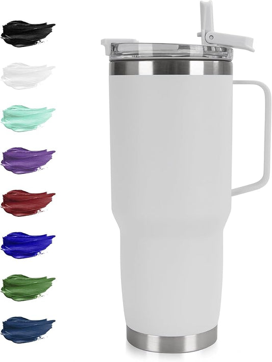 30oz Tumbler with Handle, Insulated Leak Proof Coffee Travel Mug with Straw Lid Double Wall Stainless Steel Vacuum Tumblers Metal Cup Keep Hot and Iced Drink for Gym, Office, Camping, White 1 Pack - Bloomnest