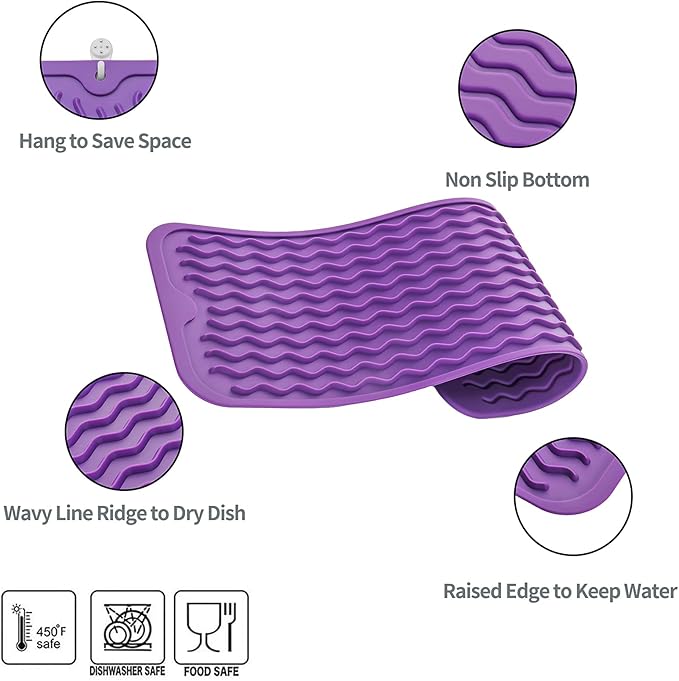 Silicone Dish Drying Mat for Multiple Usage,Easy clean,Eco-friendly,Heat-resistant Silicone Mat for Kitchen Counter,Sink,Bar,Bottle,or Cup Purple M 17 inches x 6 inches - Bloomnest