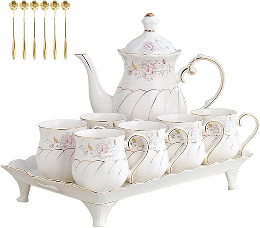 14-Pieces Porcelain Teapot Set Ceramic Coffee Cup Teacup with Gold Spoon Tea Party Tray Holder Gift Sets - Bloomnest