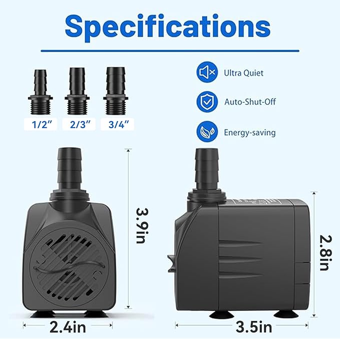 Submersible Pump 400GPH with AUTO-Shut-Off 6.5ft High Lift for Fountains, Hydroponics, Ponds, Aquariums & More - Bloomnest