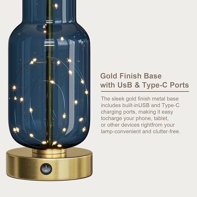 Oneach 22" Glass Table Lamps Set of 2, Blue Modern Bedside Lamp with LED Night Light for Living Room, Nightstand Lamp with USB Ports for Bedrooms, Study Room, End Table(2 Bulbs Included) - Bloomnest