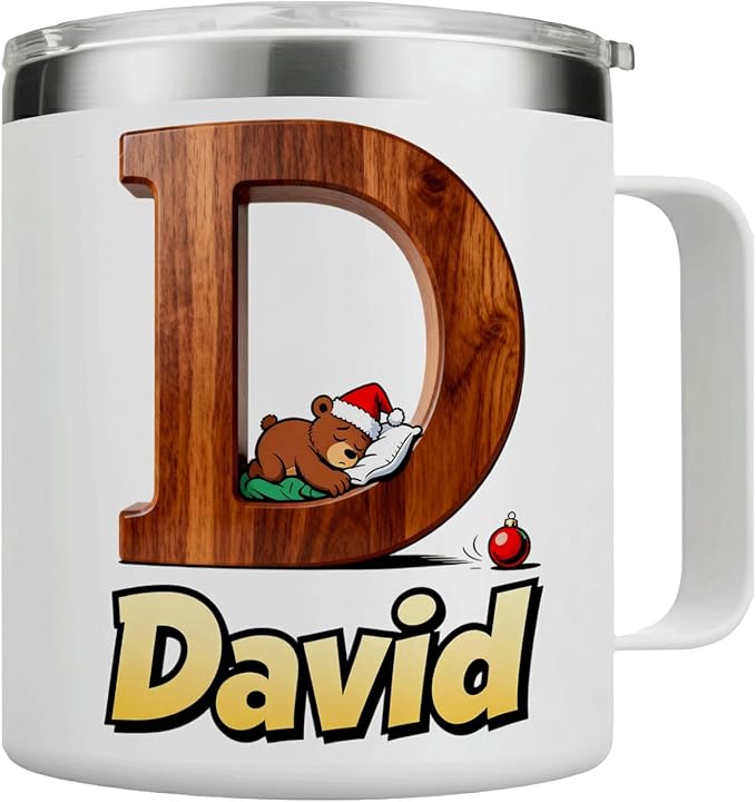 JugJug Personalized Christmas Mug with Initial & Name - Cute Sleeping Bear 12oz Insulated Coffee Cup w/Lid - Xmas Gifts for Kids, Boys, Girls (B175) - Bloomnest