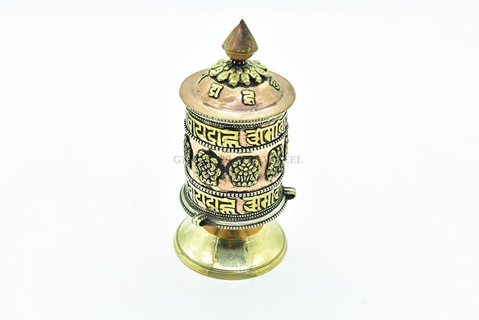 5.5 Inch Table Top Copper Brass Tibetan Buddhist 8 Lucky Symbols Prayer Wheel